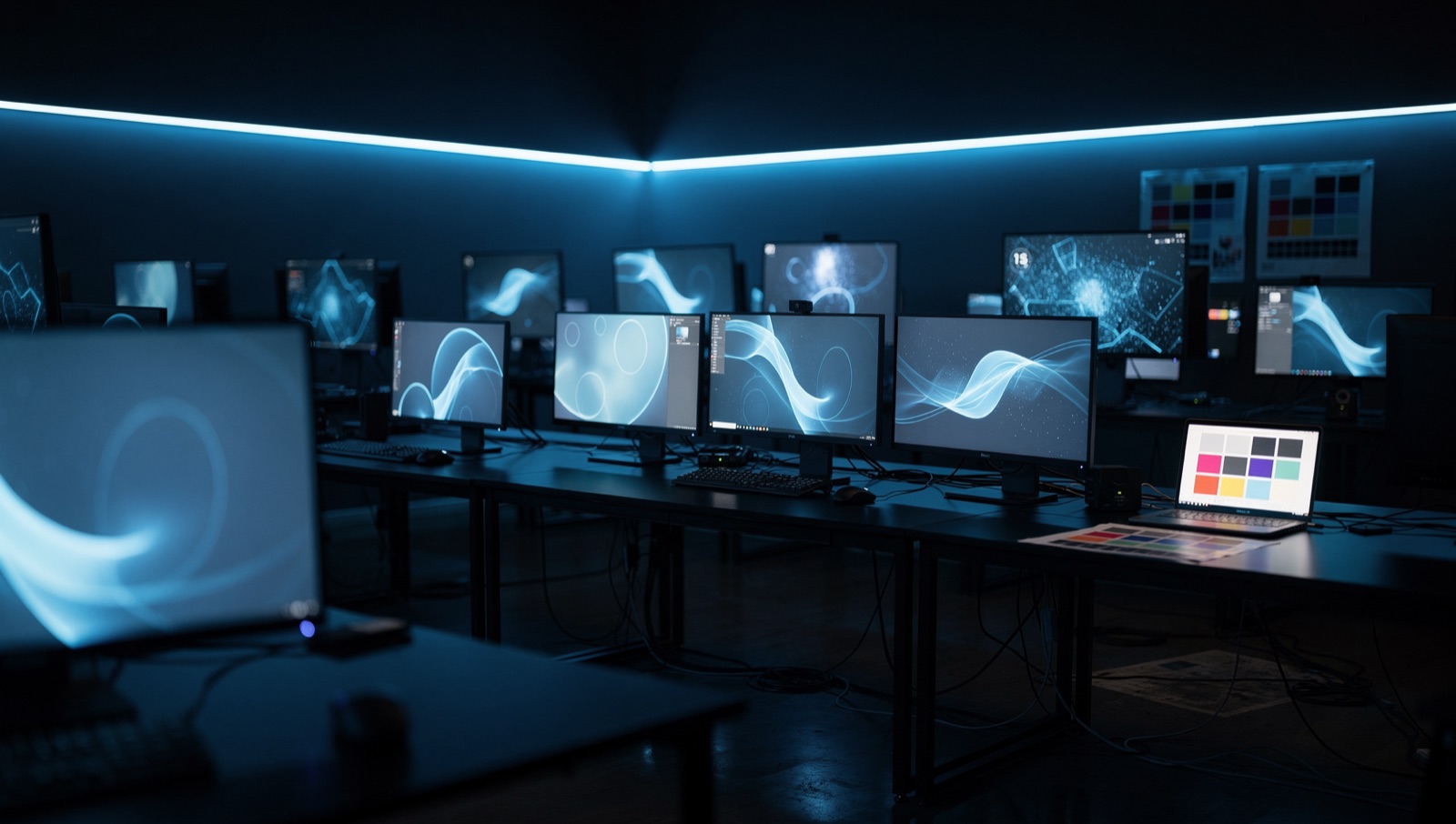 The Kyveros Kinetic studio floor at night: reference monitors glowing with blue motion studies.